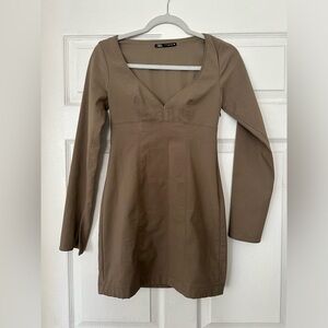 ZARA Dress Small Bodycon Mini Contemporary V-Neck Long Sleeve Taupe Gray